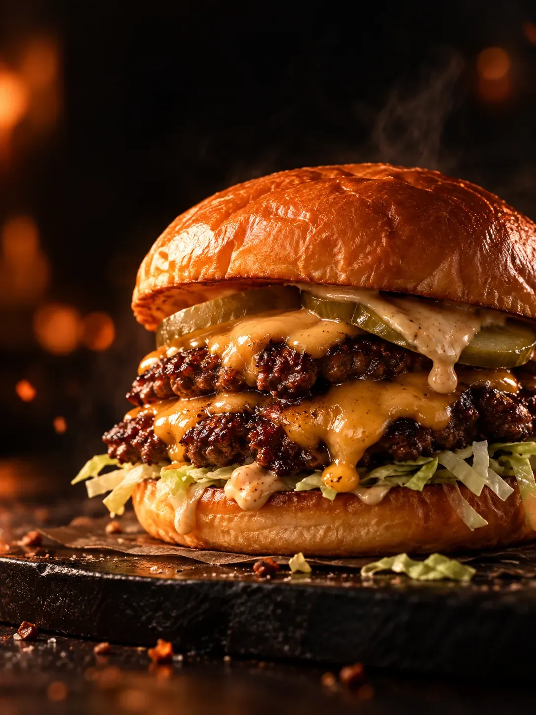 Inszenierter Smash Burger mit geschmolzenem Käse