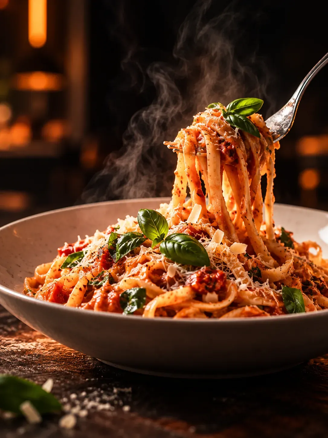 Inszenierte Pasta mit Basilikum